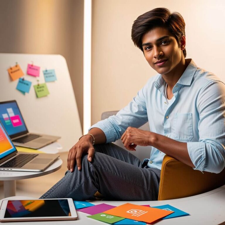 a person sitting and learnings about digital marketing course at skillera wearing a blue shirt and grey trouser having 2 laptop and some sticky notes behind him